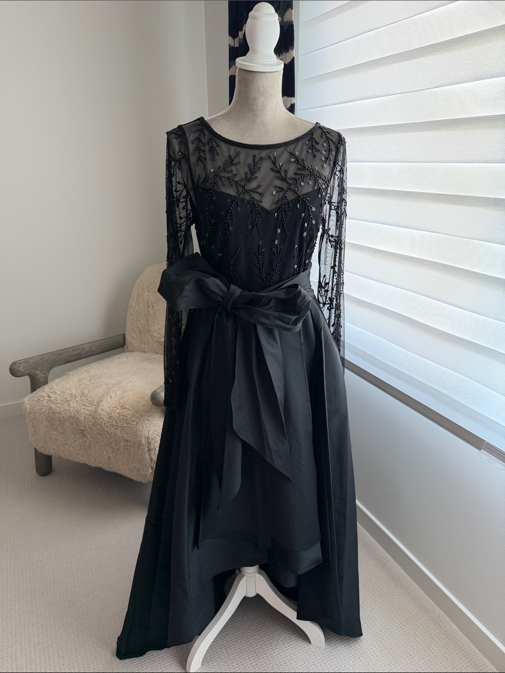 Adrianna Papell Black Long-Sleeve Beaded Illusion Gown with Waist Bow - Picture 1 of 3